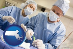 massachusetts map icon and general surgeons preparing for surgery