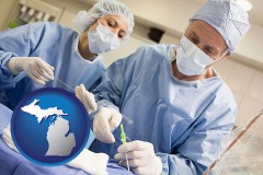 michigan map icon and general surgeons preparing for surgery