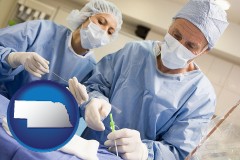nebraska map icon and general surgeons preparing for surgery