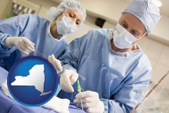 new-york map icon and general surgeons preparing for surgery