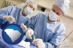 south-carolina map icon and general surgeons preparing for surgery