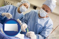 south-dakota map icon and general surgeons preparing for surgery