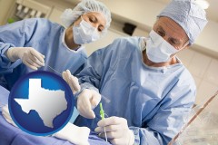 texas map icon and general surgeons preparing for surgery